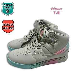 FILA Women’s Size 7.5 VULC Grey Sneakers Shoes with Pink & Teal Paint Splashes.